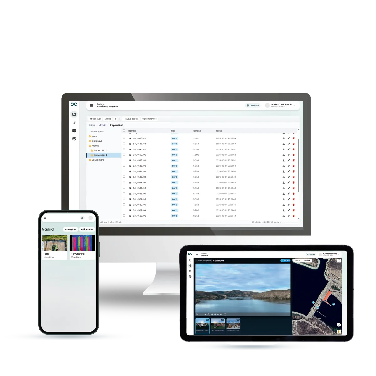 DRONCORE Cloud con media y evidencias de operaciones