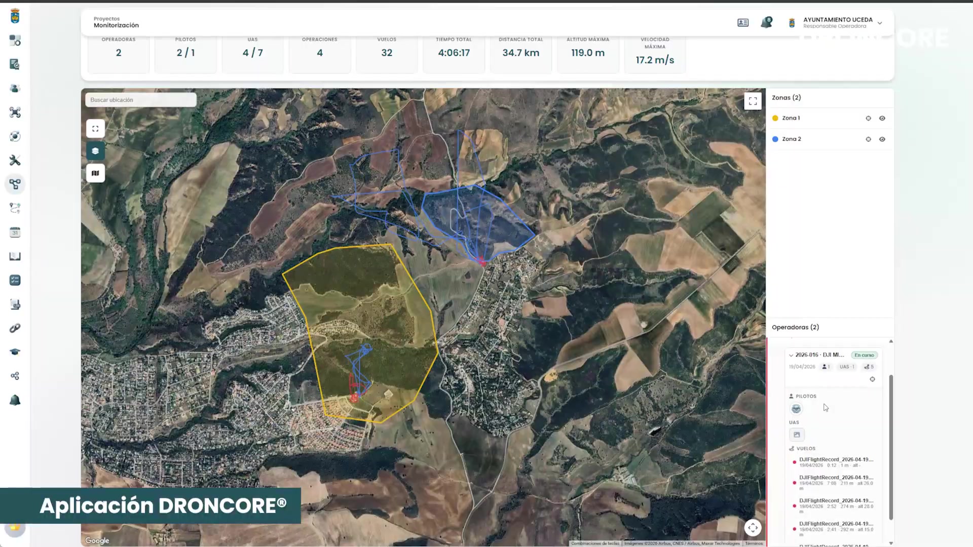 Mapa con zonas y logs de vuelo en DRONCORE