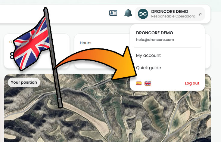 DRONCORE language selector with Spanish and English