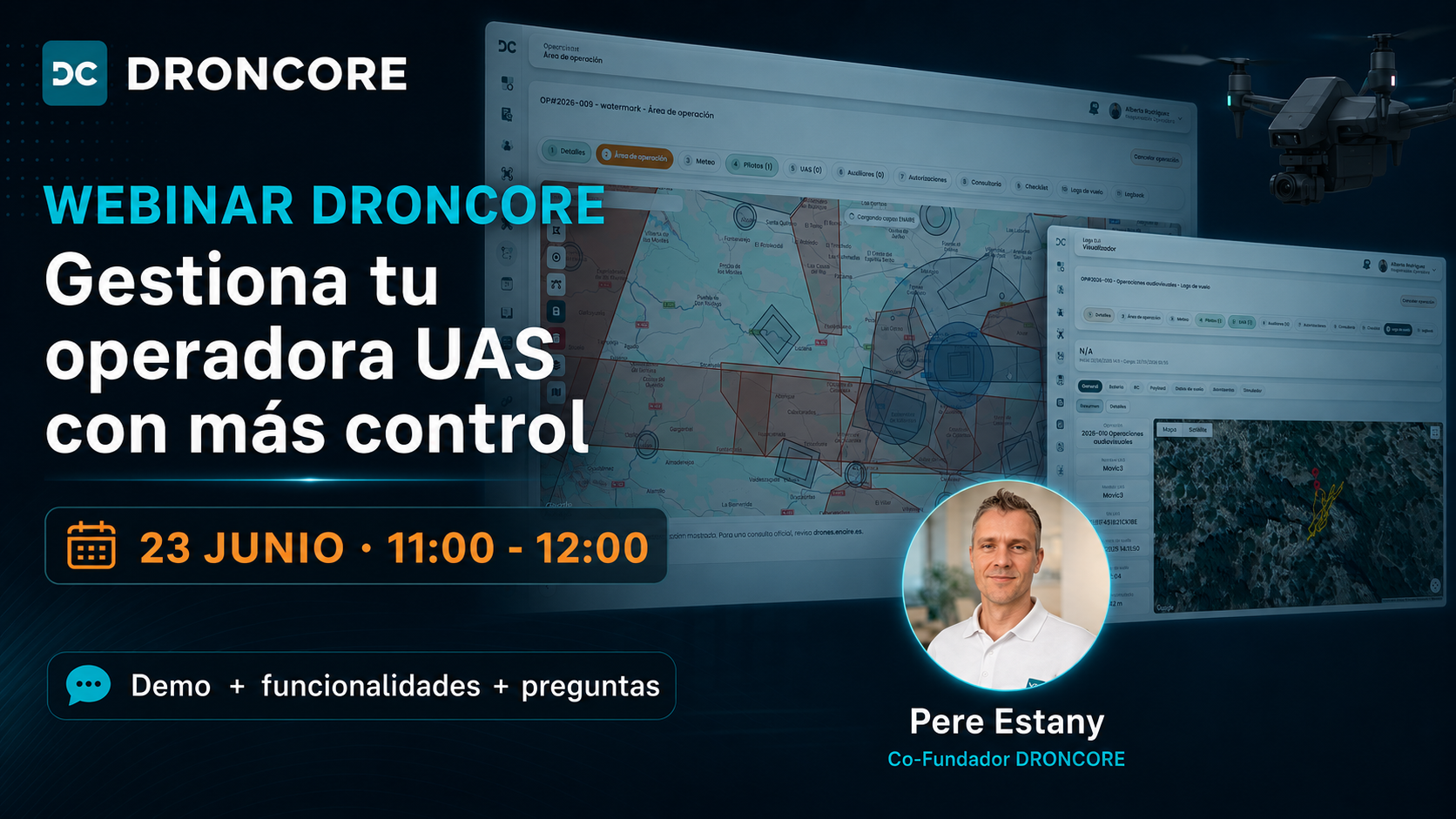 Cartel de la webinar DRONCORE del 23 de junio