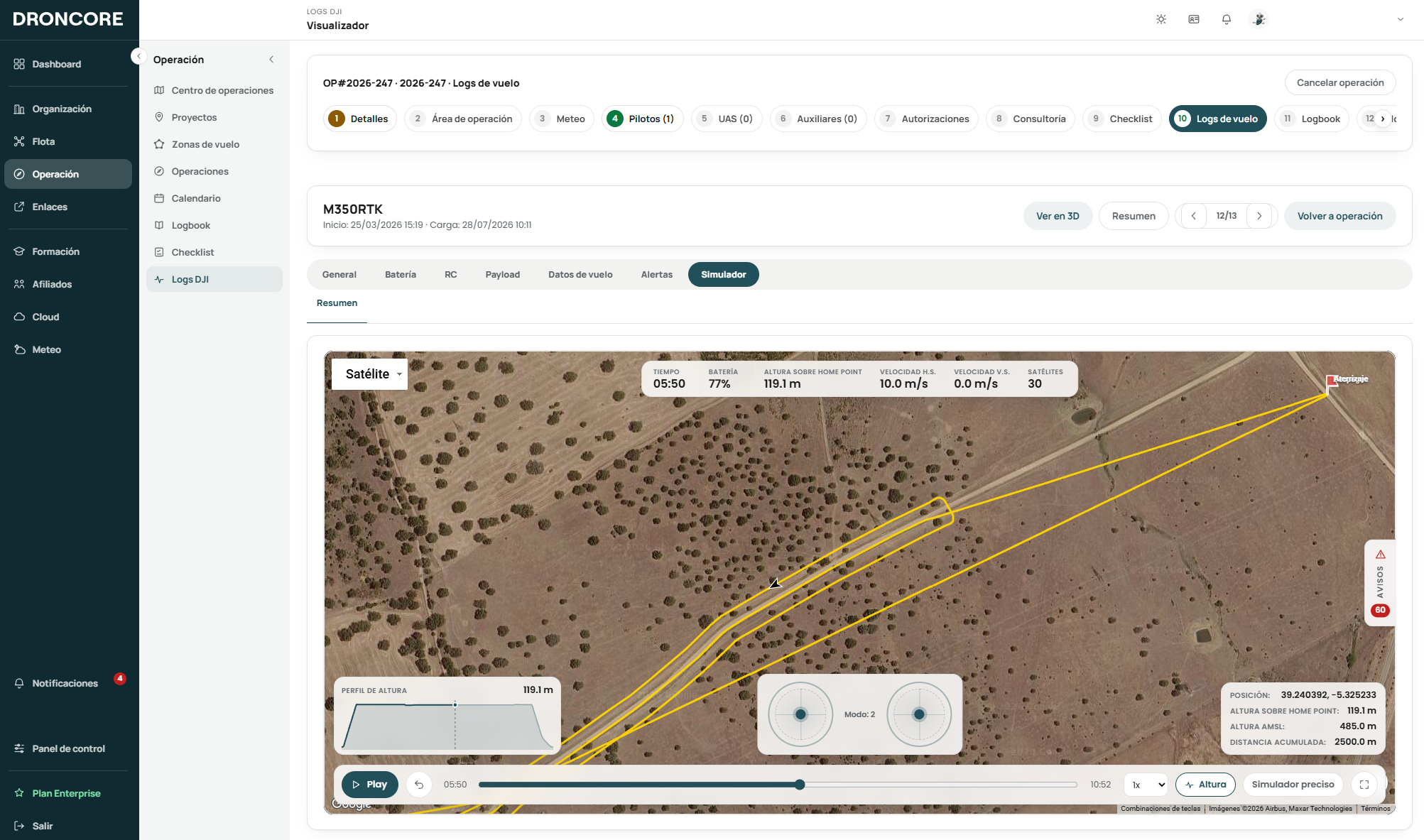 Visualizador 3D de un log de vuelo en DRONCORE