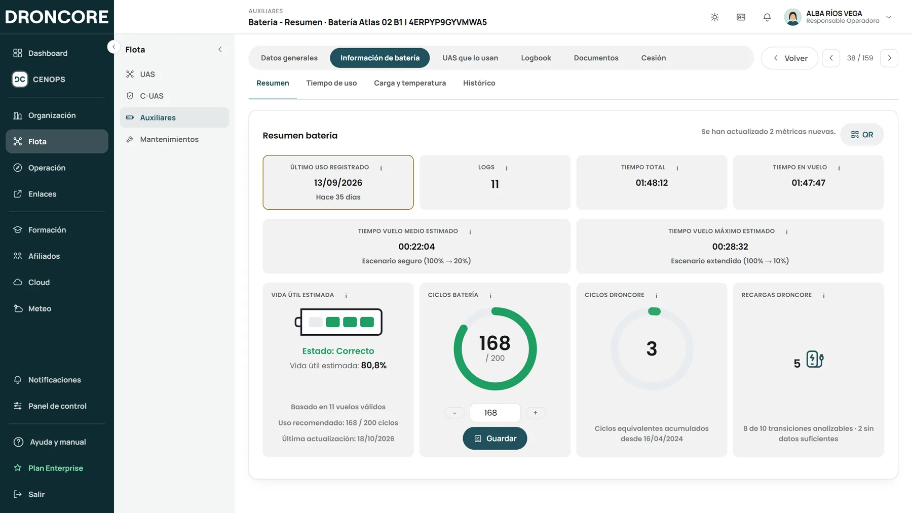 Ficha de batería con su salud estimada
