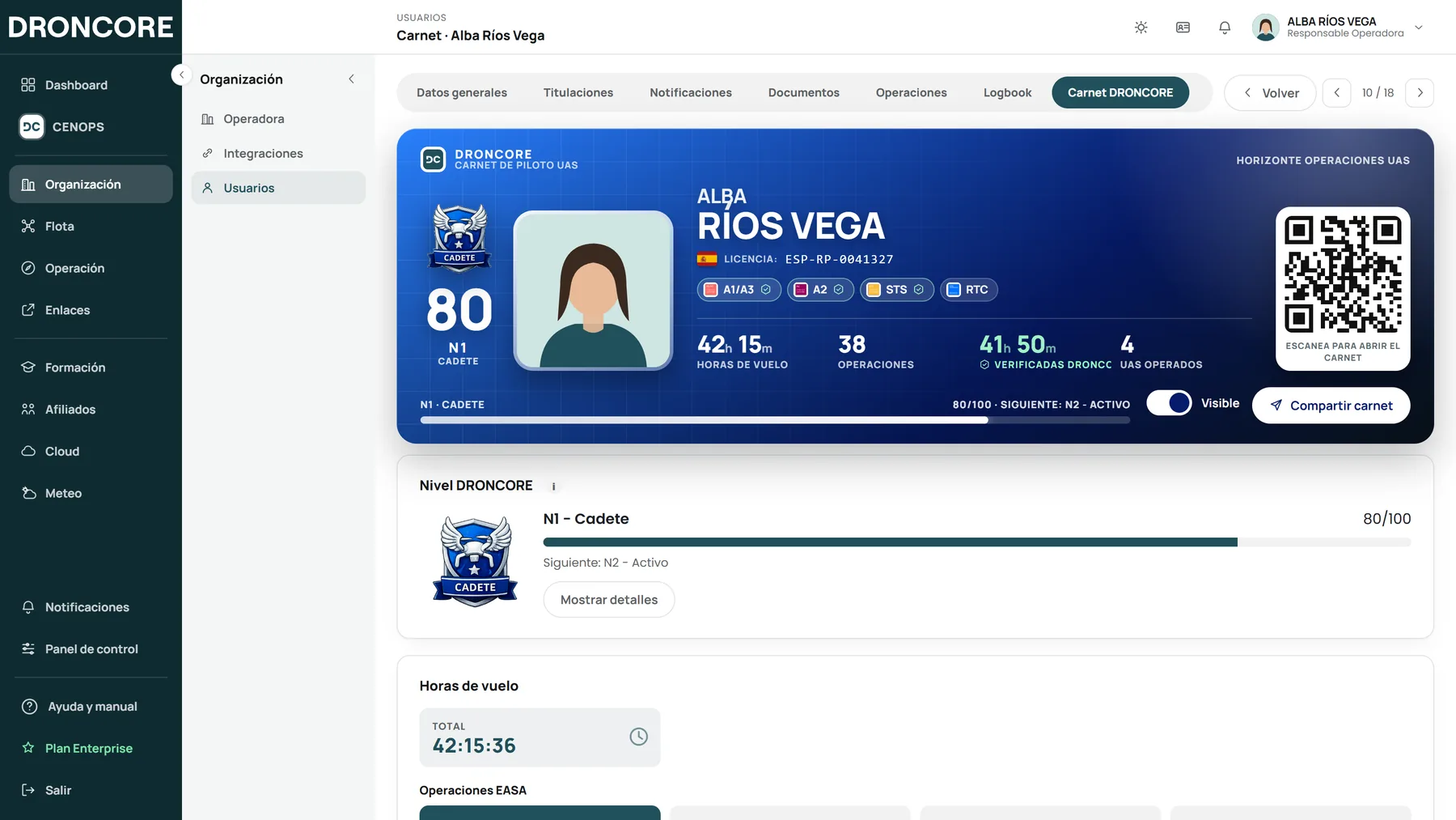 Carnet DRONCORE del piloto