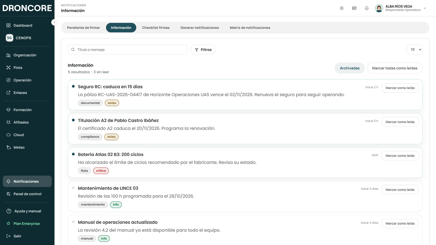 Notificaciones de la operadora